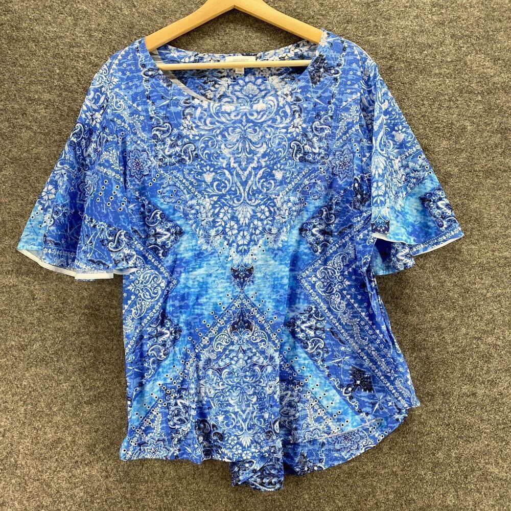 Concepts T-Shirt Women 3XL Blue Geometric Short Sleeve Round Neck Pullover